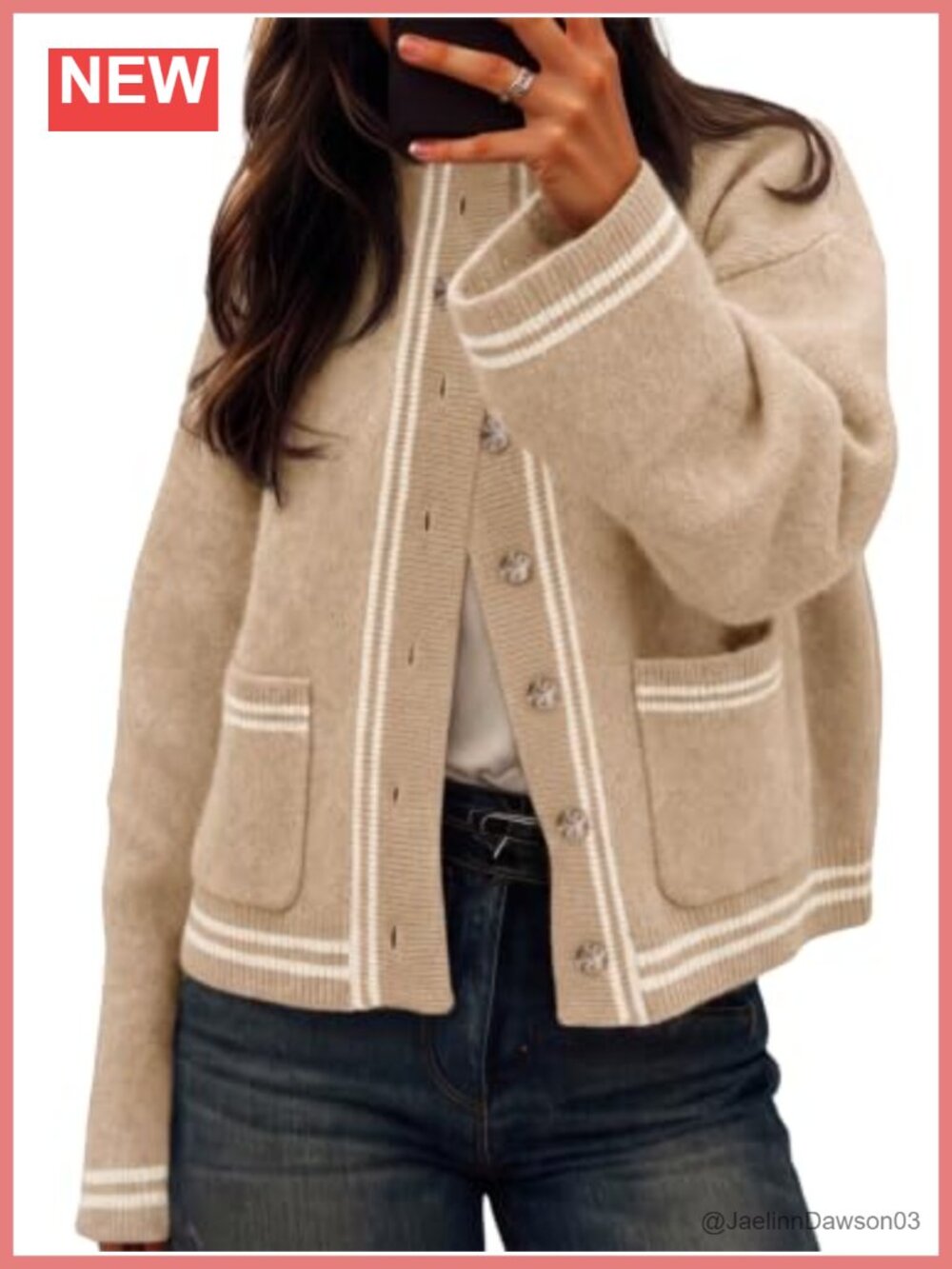 Chunky Knit Cardigan Striped Trim Mock Neck Sweater